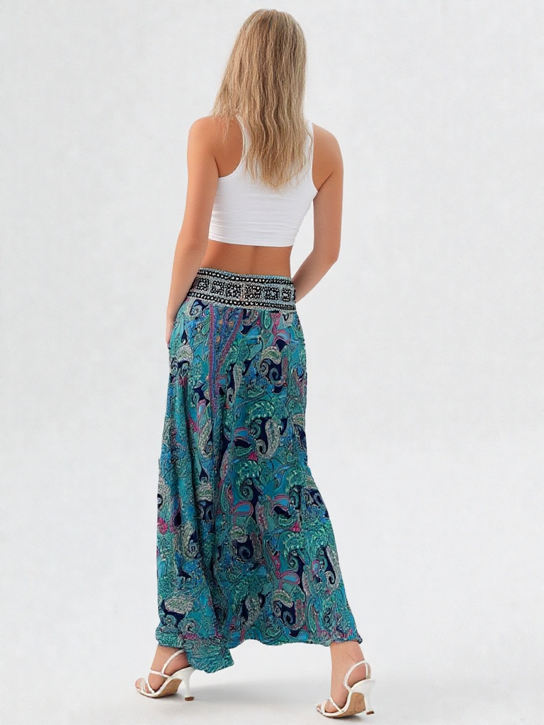 Pantalón con estampado étnico y cintura bordada