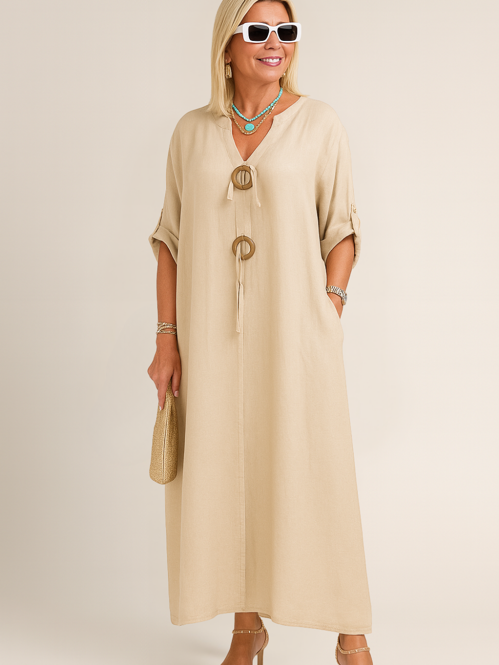 Vestido Alexa de lino con bolsillos y escote en V