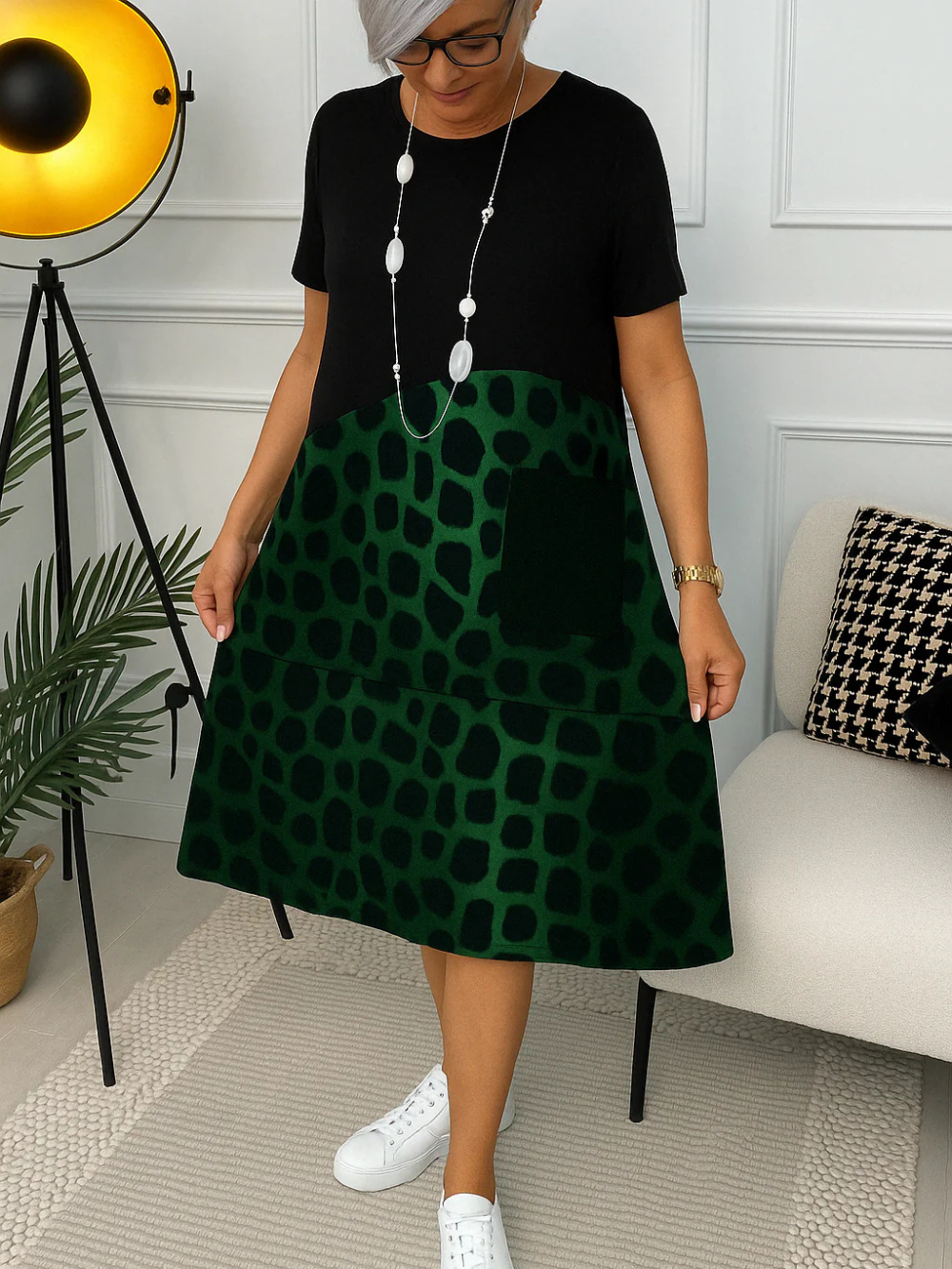Vestido leopardo de manga corta con cuello redondo (Oferta 2X1)
