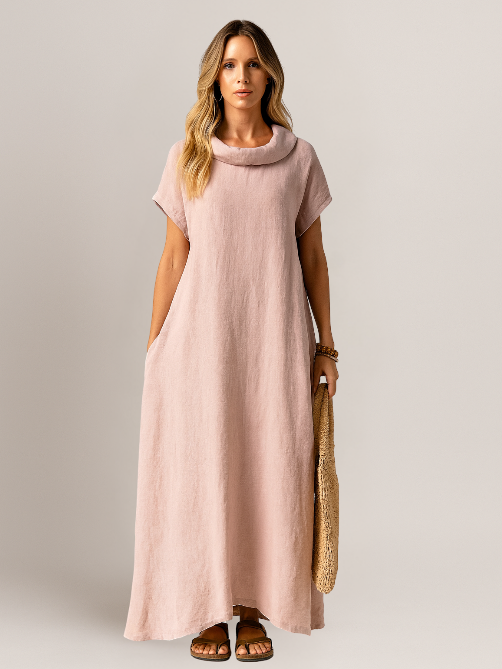 Vestido de Lino con Cuello Drapeado