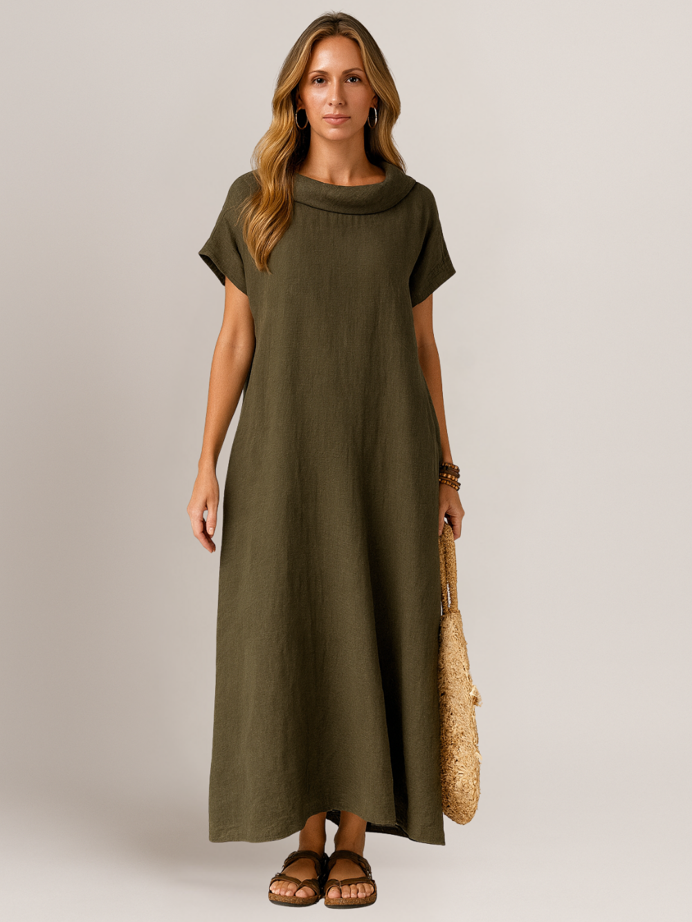 Vestido de Lino con Cuello Drapeado