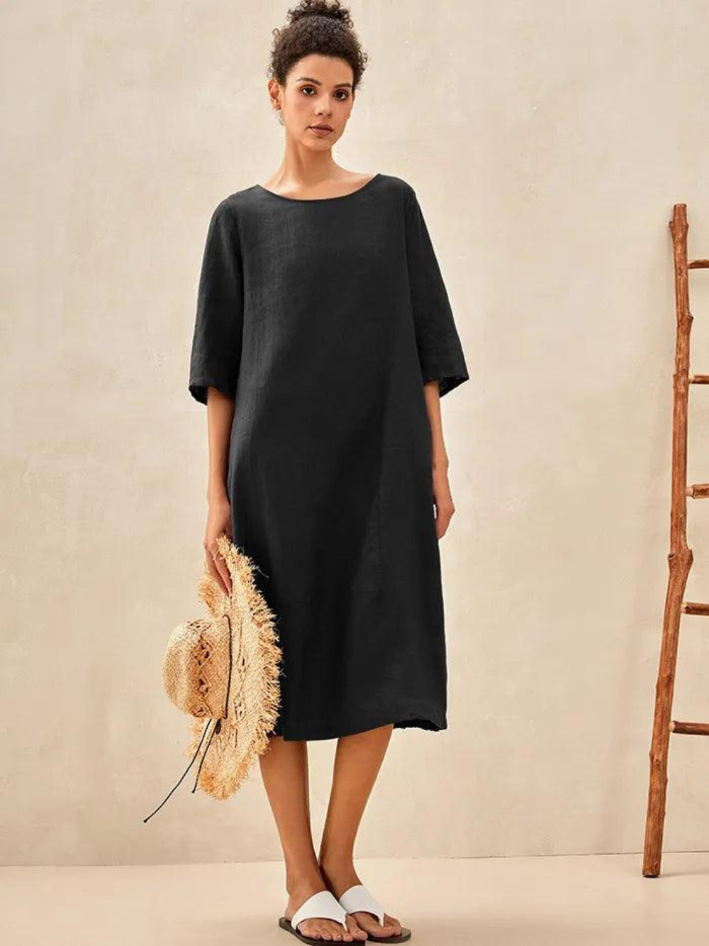Vestido Sofía sin cuello de lino y mangas 3/4 (Oferta 2X1)