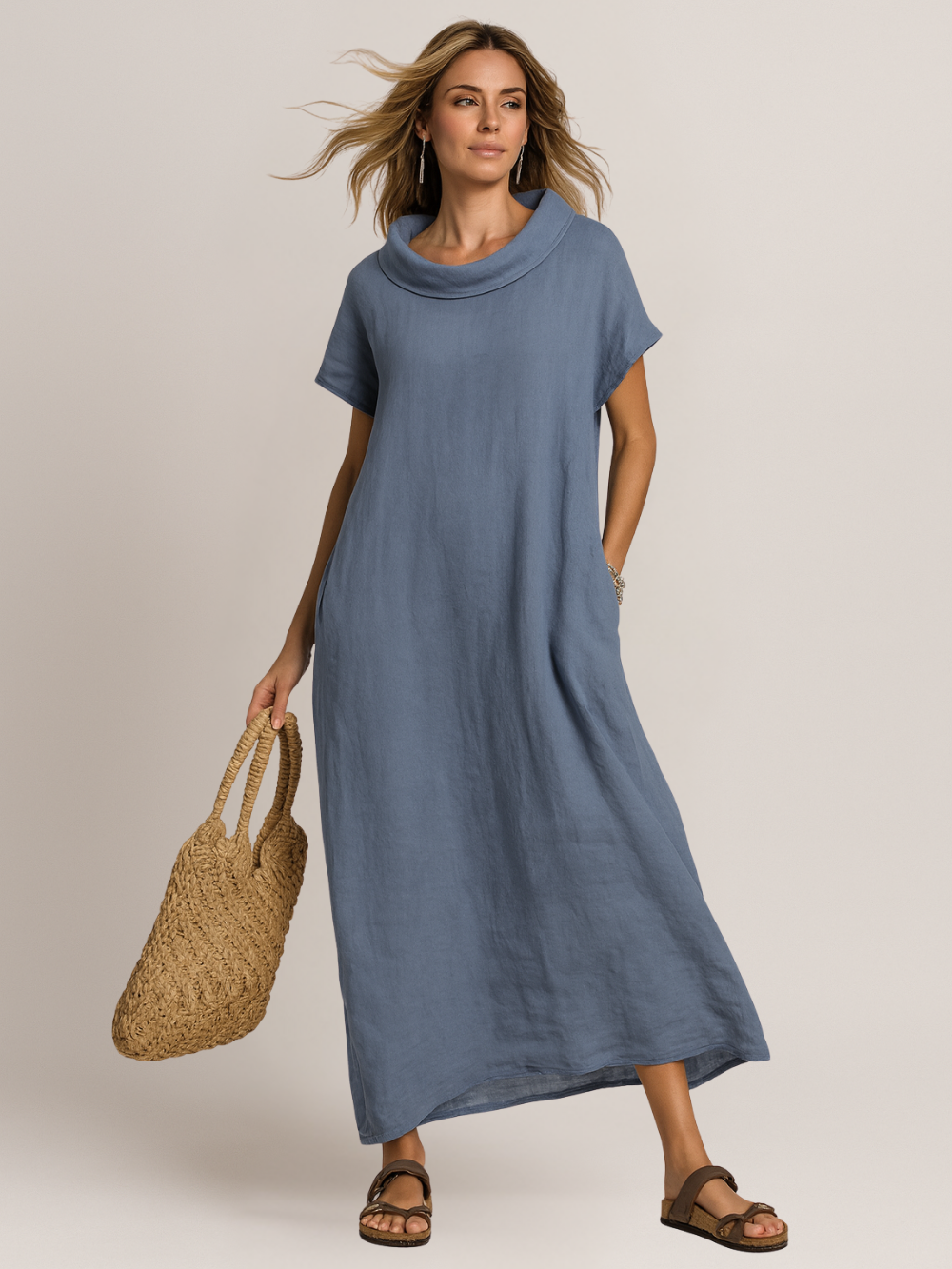Vestido de Lino con Cuello Drapeado