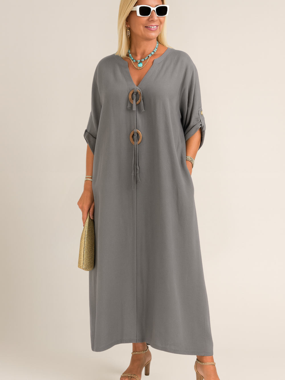 Vestido Alexa de lino con bolsillos y escote en V