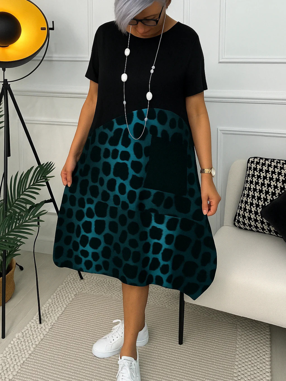 Vestido leopardo de manga corta con cuello redondo (Oferta 2X1)