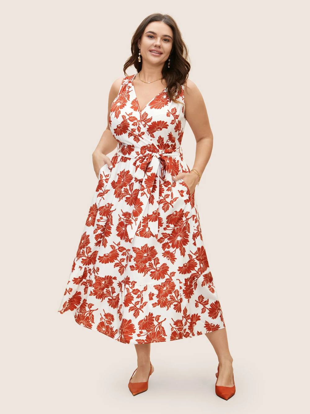 Vestido Floral sin mangas con cinturón y cuello cruzado