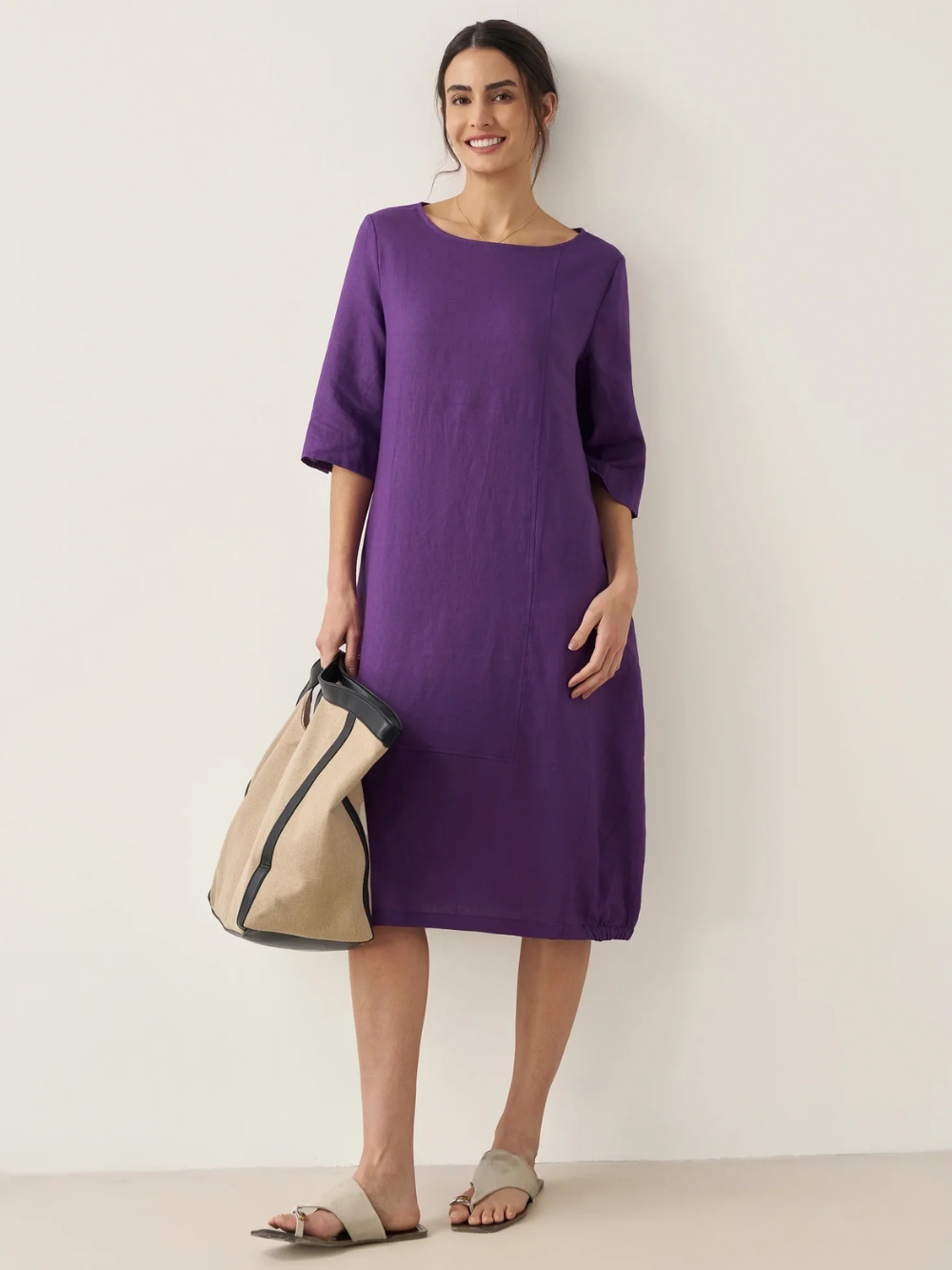 Vestido Sofía sin cuello de lino y mangas 3/4 (Oferta 2X1)