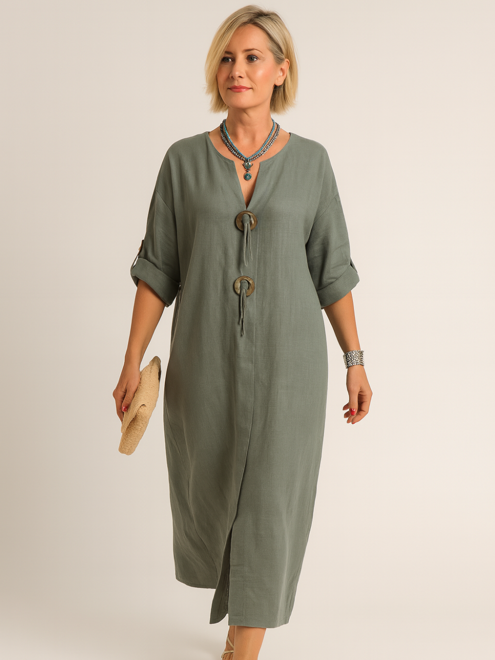 Vestido Alexa de lino con bolsillos y escote en V