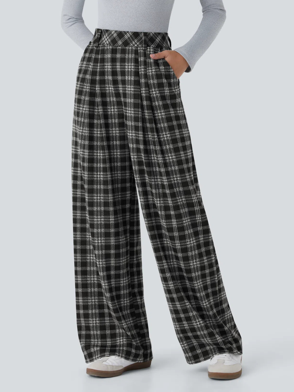 Pantalón tiro alto bolsillo lateral pierna ancha estampado pata gallo
