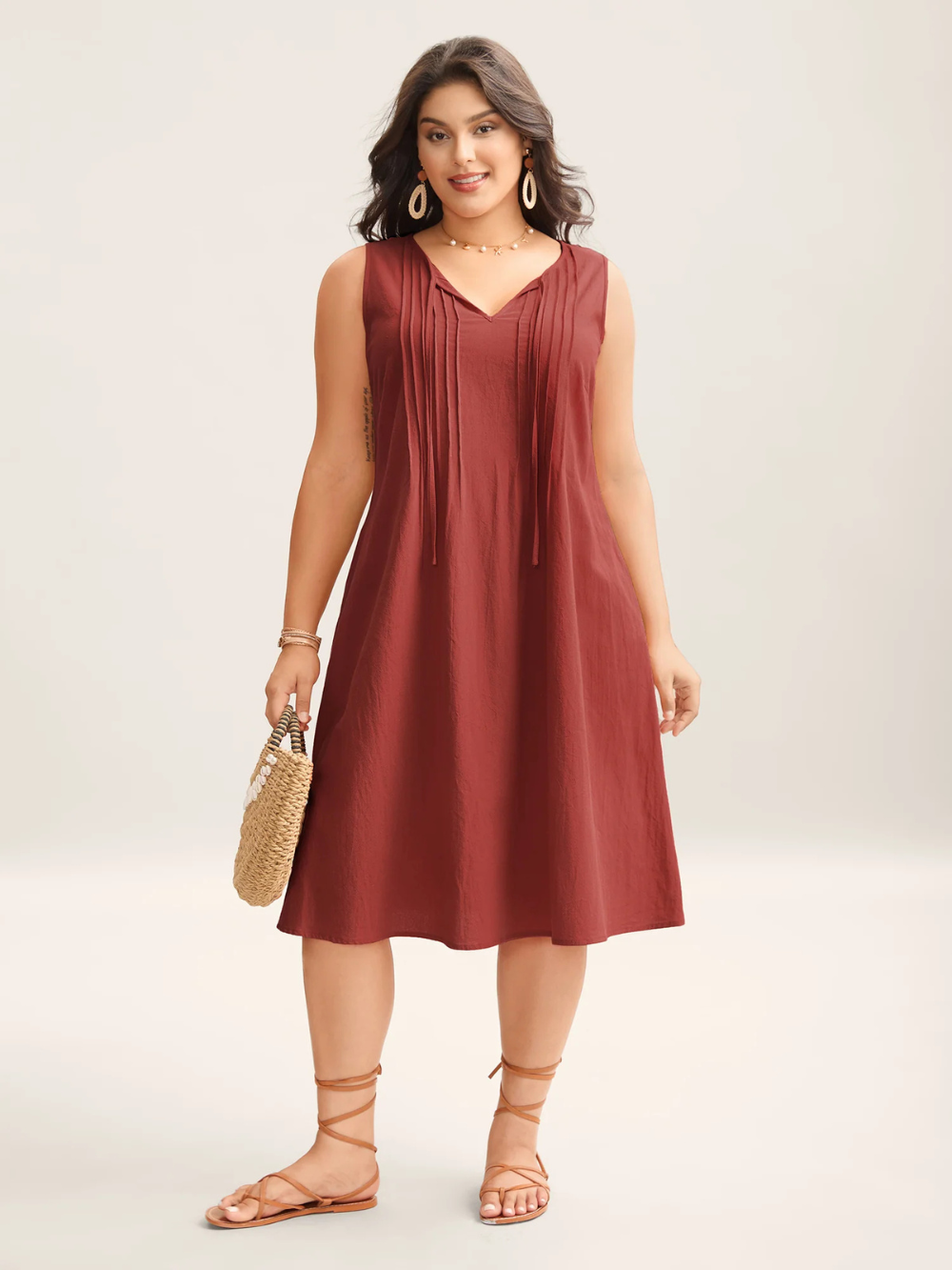 Vestido midi liso de algodón con pliegues