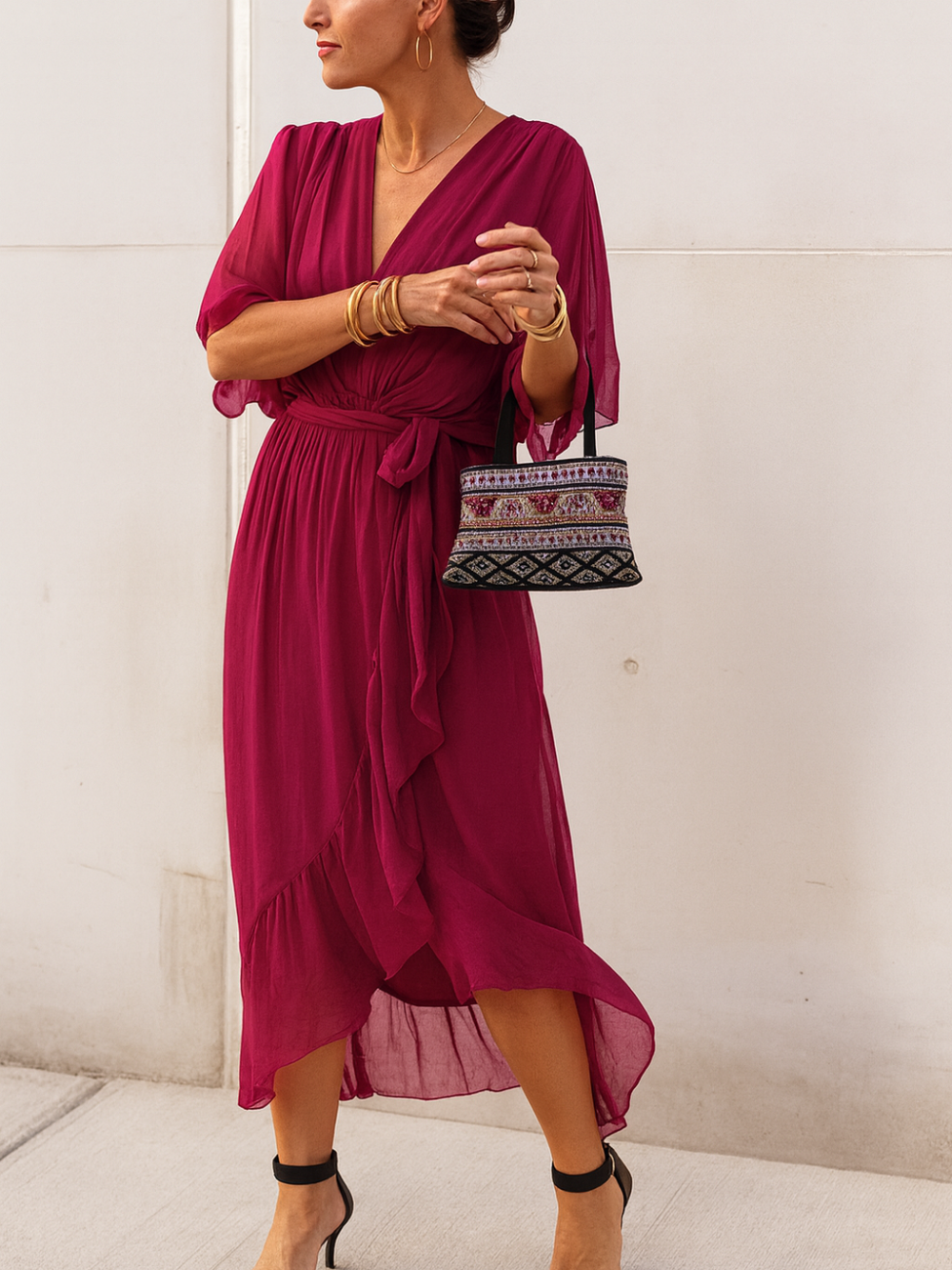 Vestido Midi Cuello en V Chiffon Cruzado