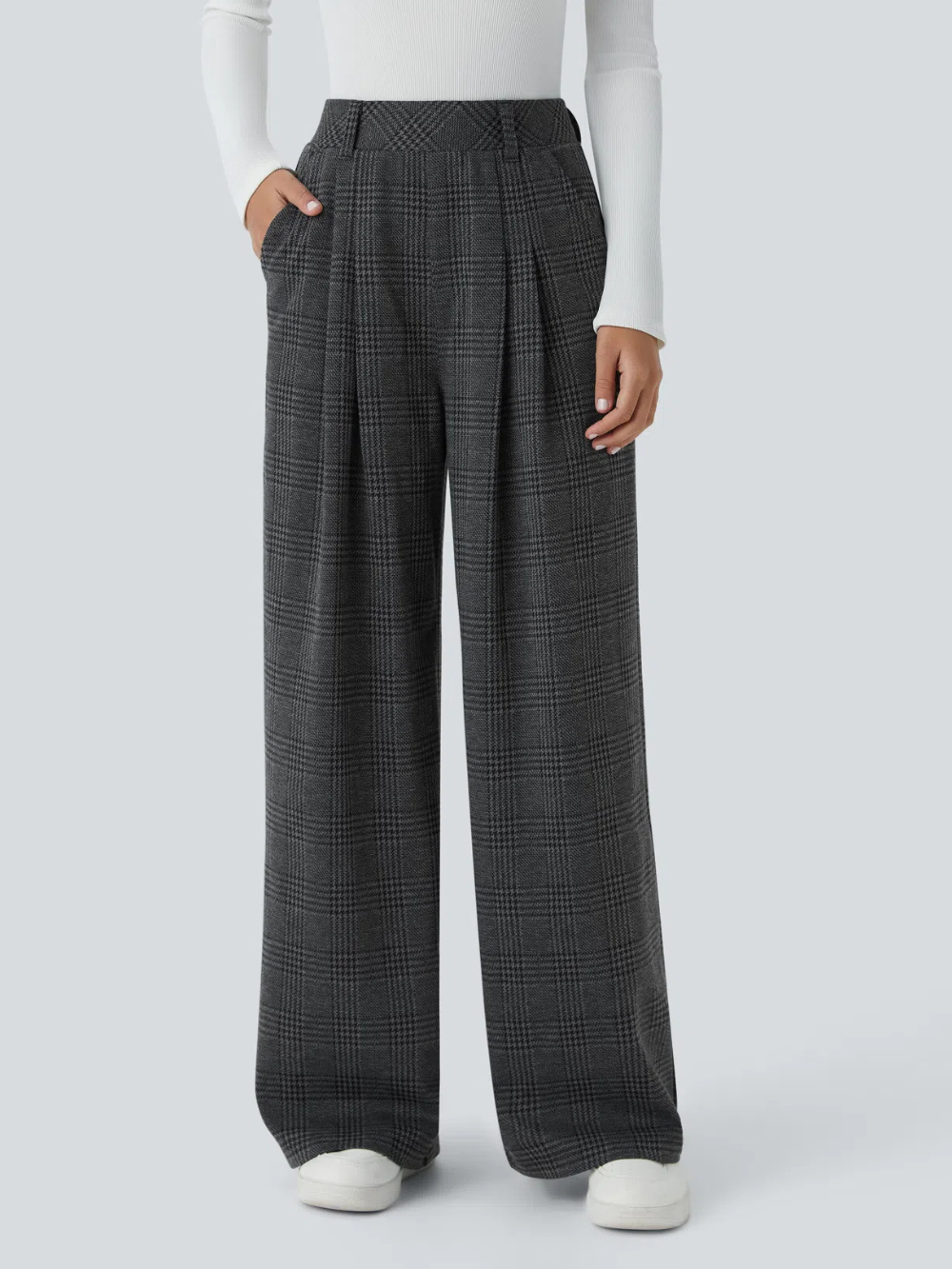 Pantalón tiro alto bolsillo lateral pierna ancha estampado pata gallo