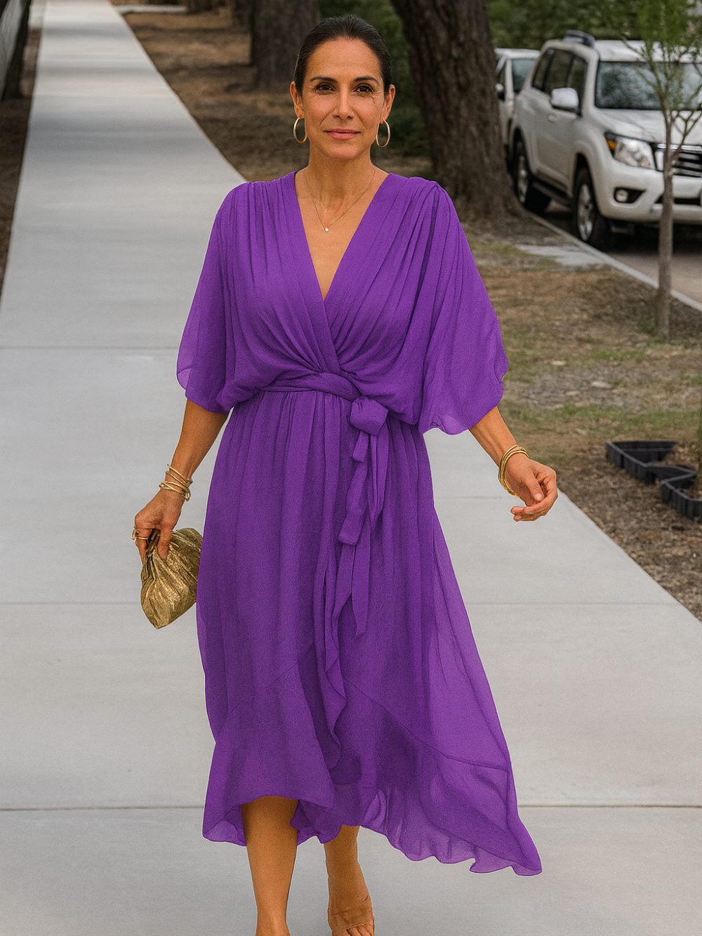Vestido Midi Cuello en V Chiffon Cruzado