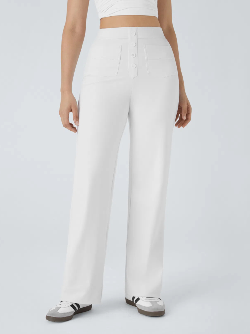 Pantalón Elástico Recto Múltiple Bolsillo Tiro Alto