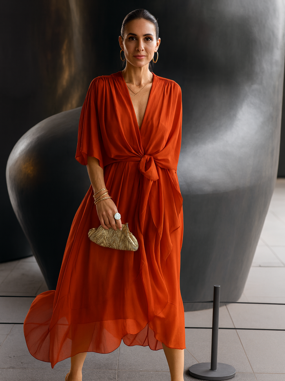 Vestido Midi Cuello en V Chiffon Cruzado