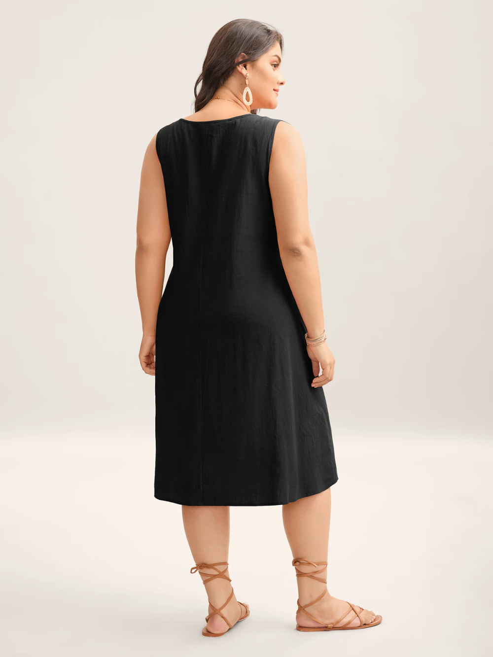 Vestido midi liso de algodón con pliegues
