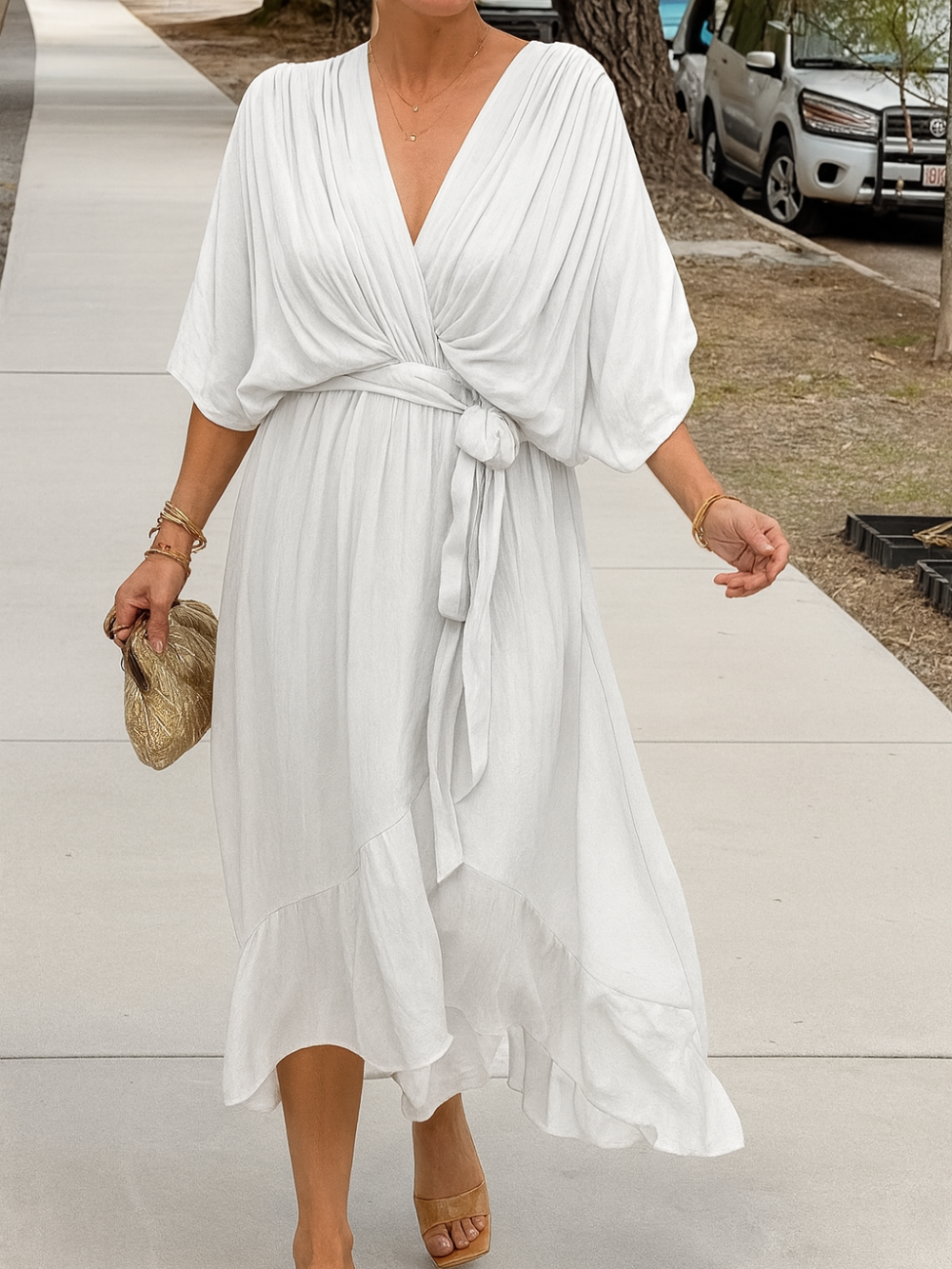 Vestido Midi Cuello en V Chiffon Cruzado