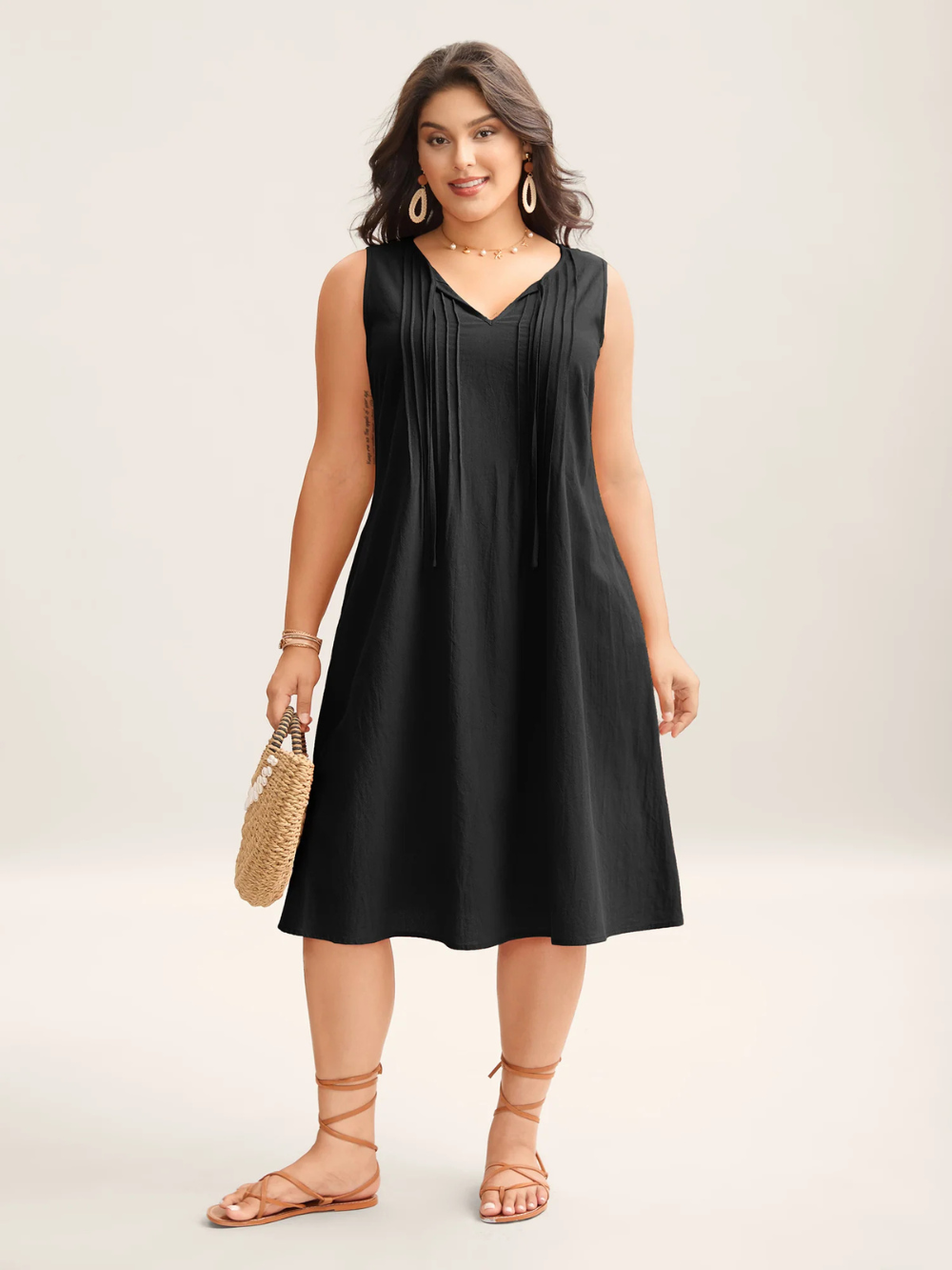 Vestido midi liso de algodón con pliegues