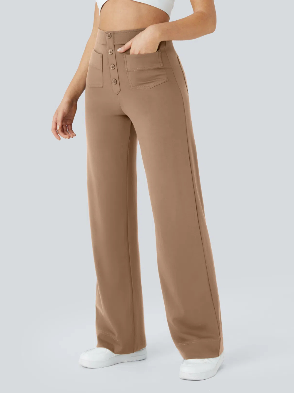 Pantalón Elástico Recto Múltiple Bolsillo Tiro Alto