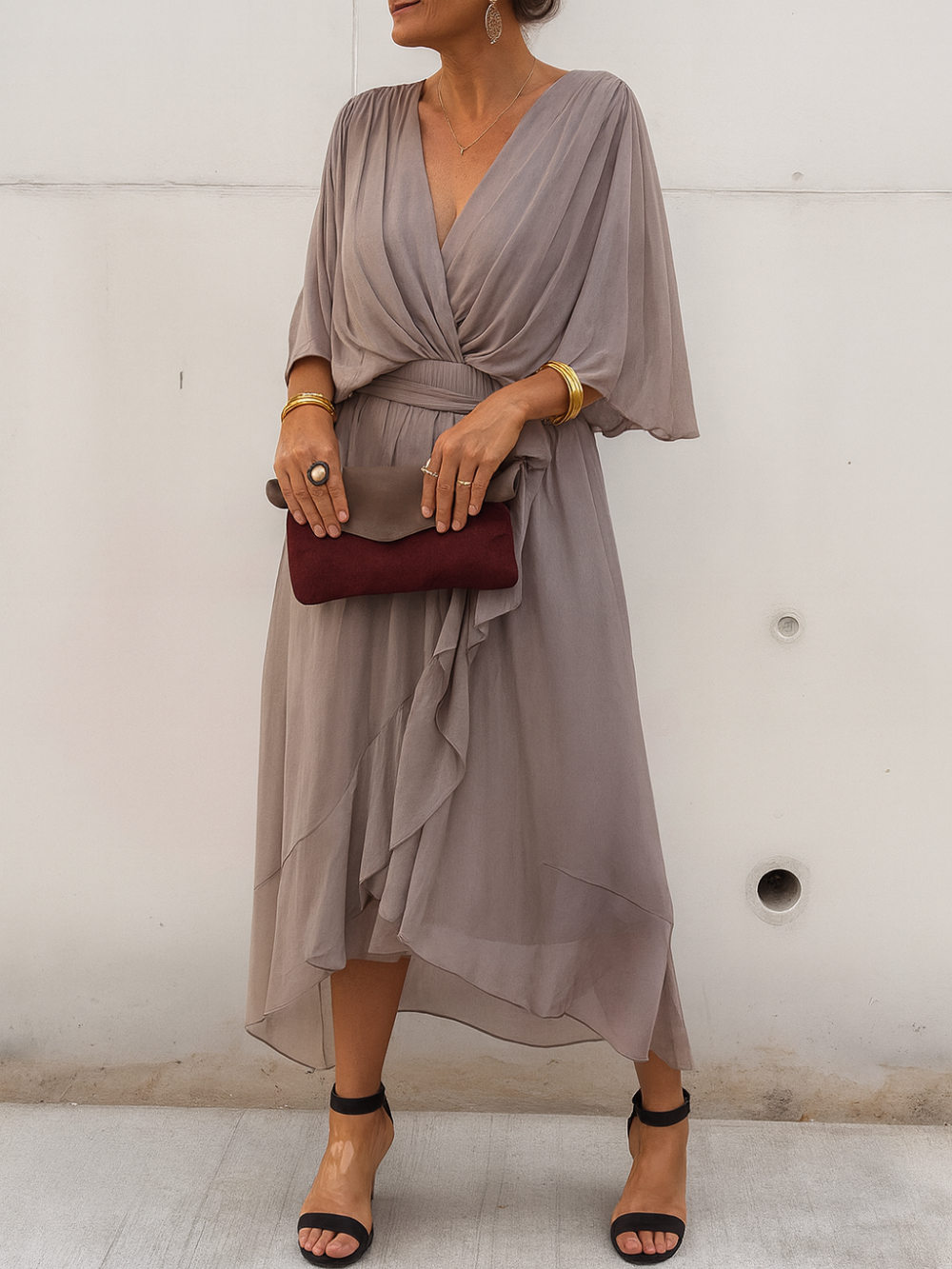 Vestido Midi Cuello en V Chiffon Cruzado