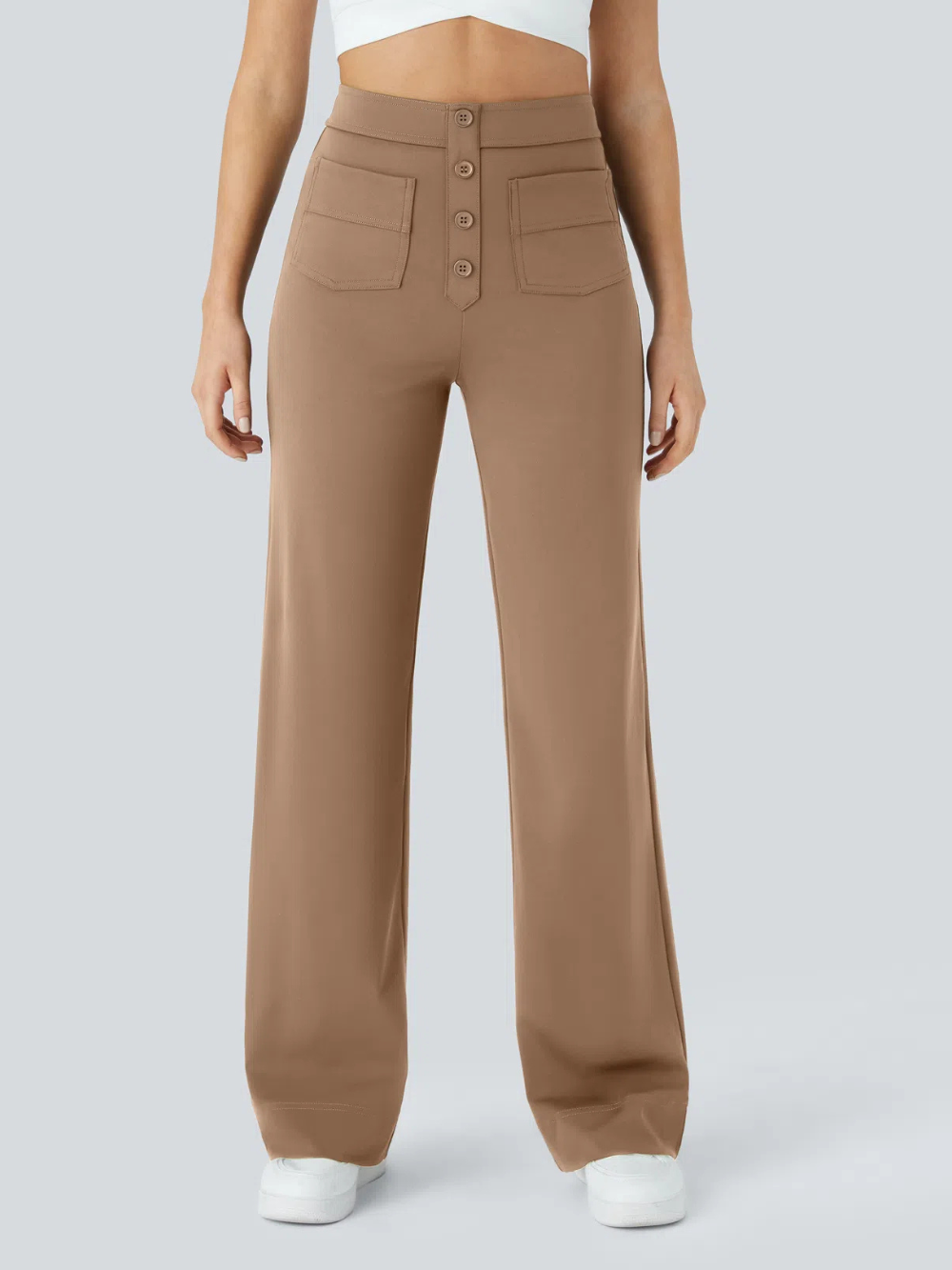 Pantalón Elástico Recto Múltiple Bolsillo Tiro Alto