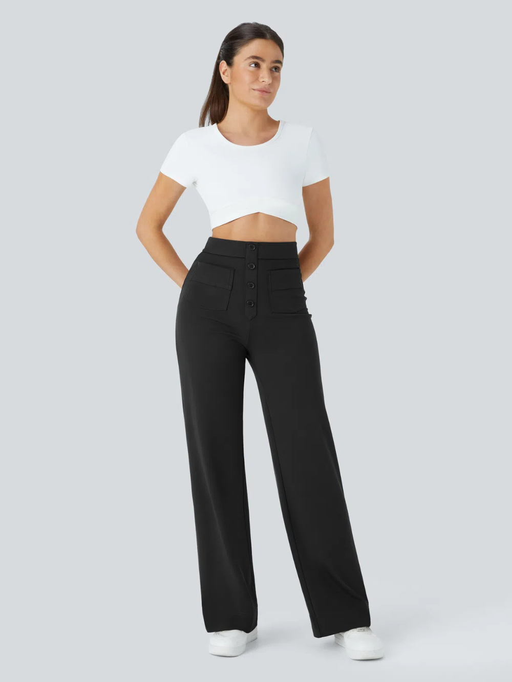 Pantalón Elástico Recto Múltiple Bolsillo Tiro Alto
