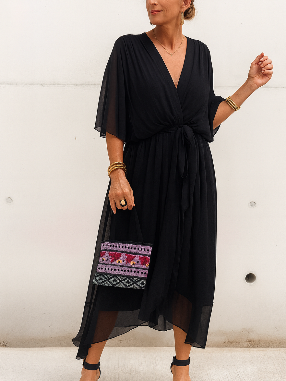 Vestido Midi Cuello en V Chiffon Cruzado