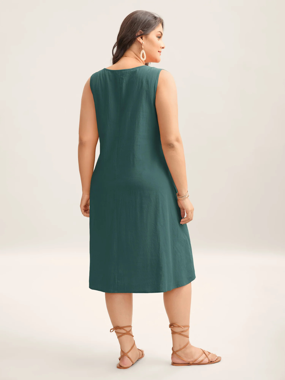 Vestido midi liso de algodón con pliegues