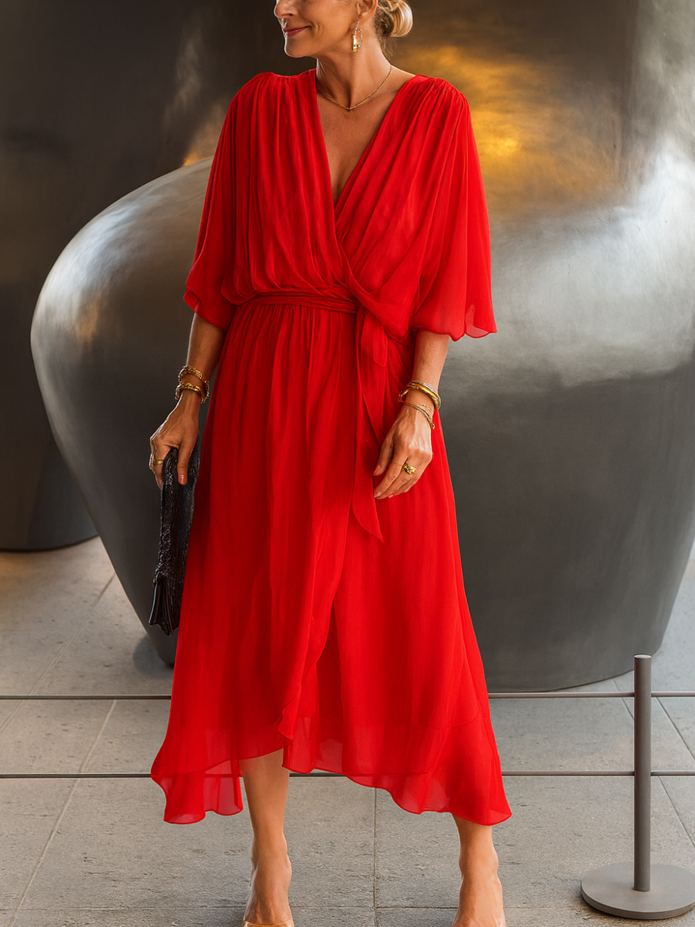Vestido Midi Cuello en V Chiffon Cruzado