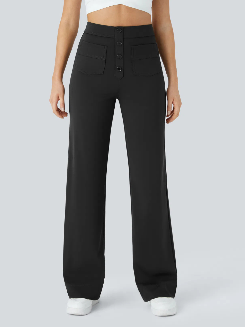 Pantalón Elástico Recto Múltiple Bolsillo Tiro Alto