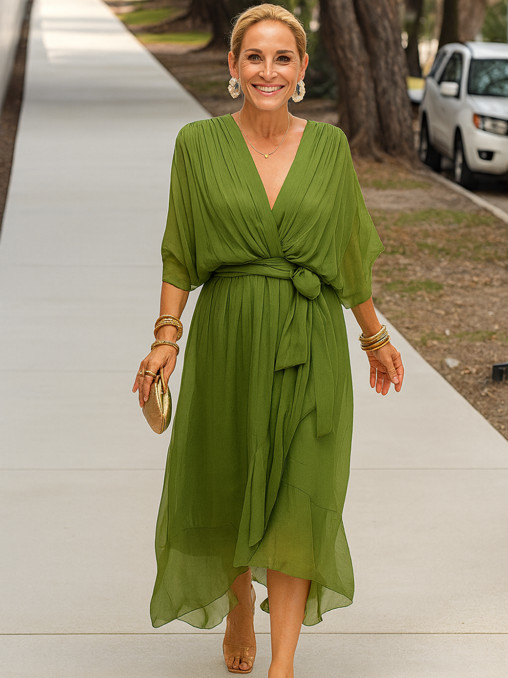 Vestido Midi Cuello en V Chiffon Cruzado