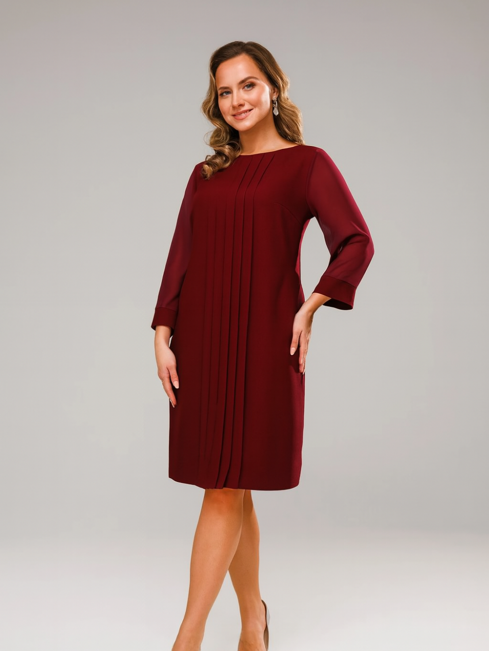 Vestido Recto con Pliegues y Manga 3/4