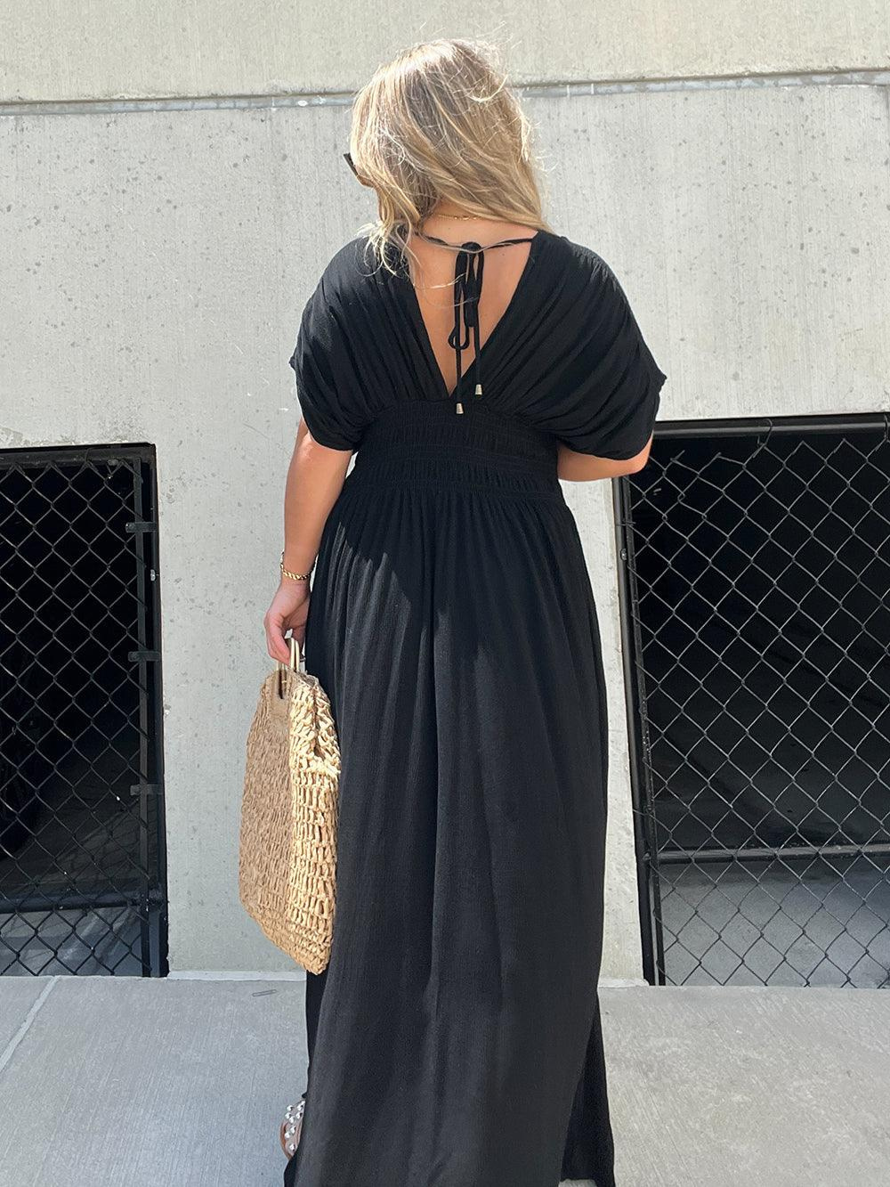 Vestido Largo con Escote en V y Bolsillos