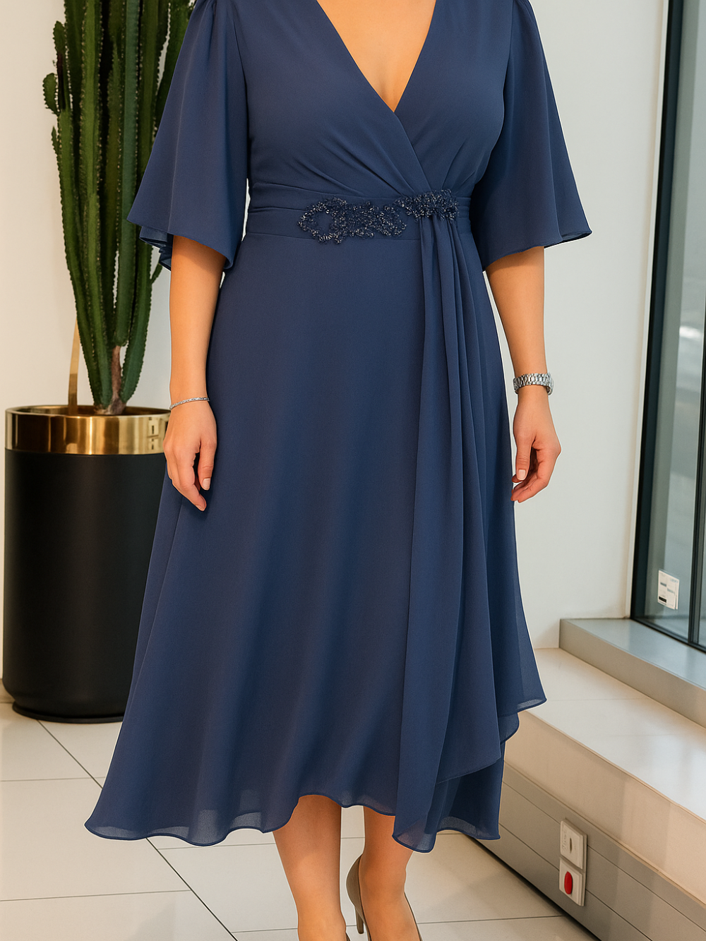 Vestido midi de gasa con escote en V y cinturón