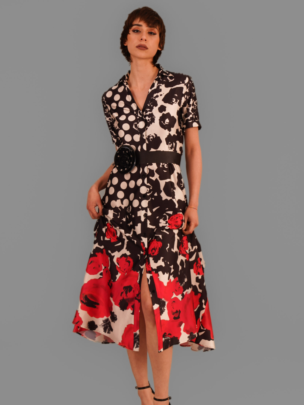 Vestido Midi Estampado Contraste