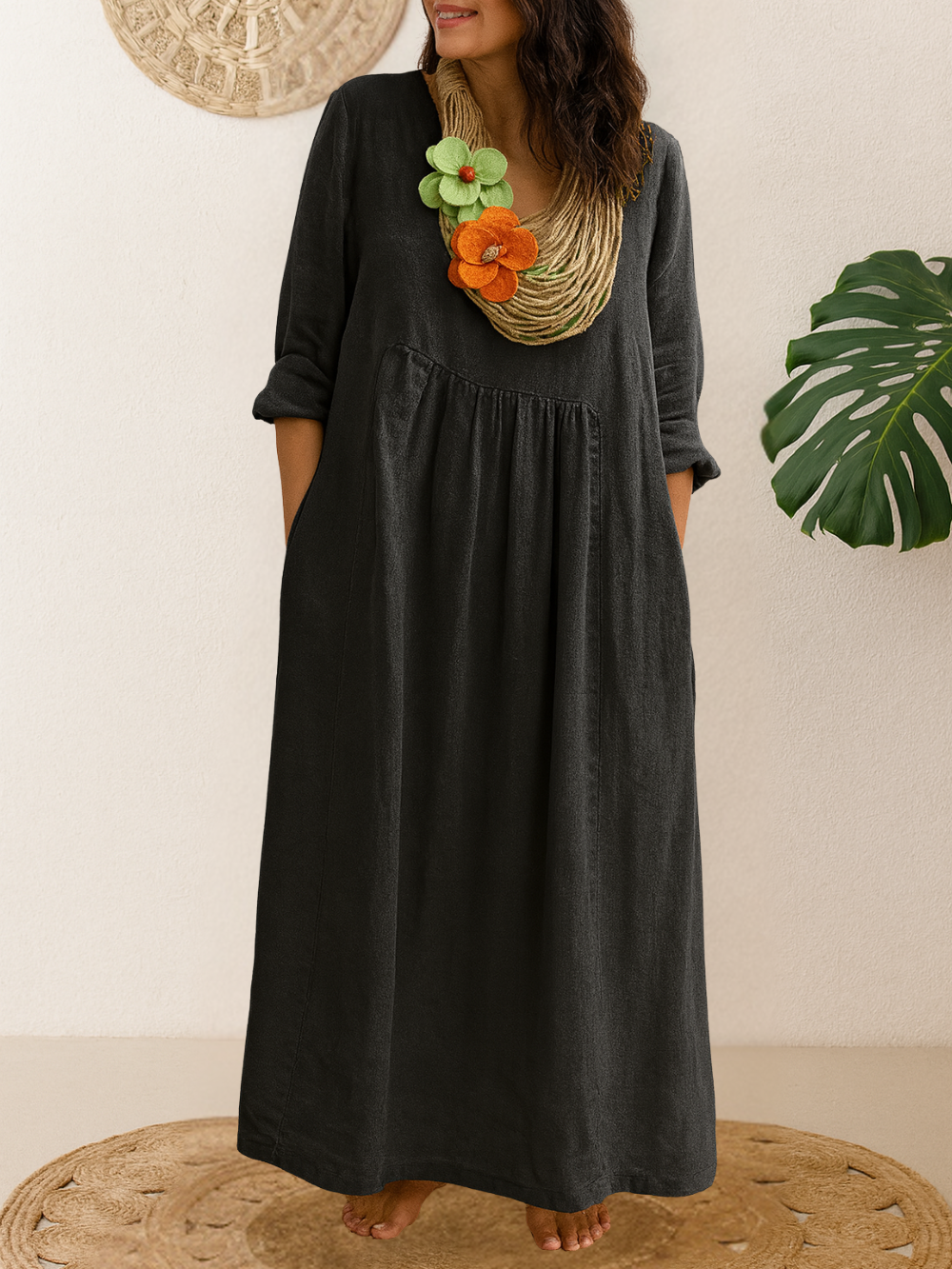 Vestido Largo de Cuello Redondo con Bolsillos (Oferta 2X1)