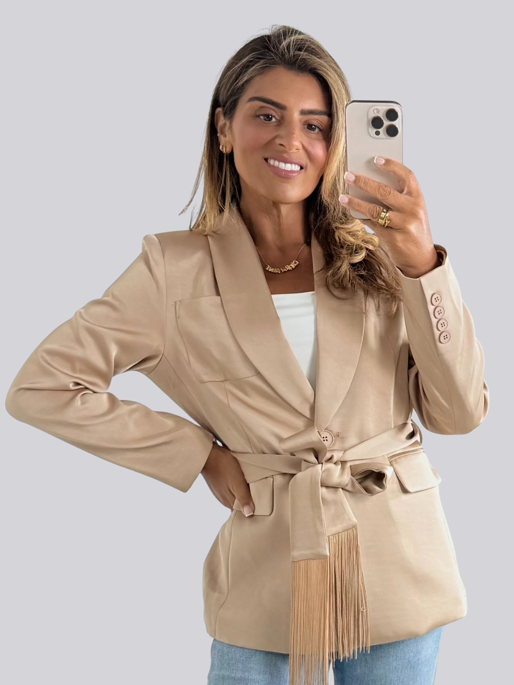 Blazer Satinado Con Cinturón de Borlas