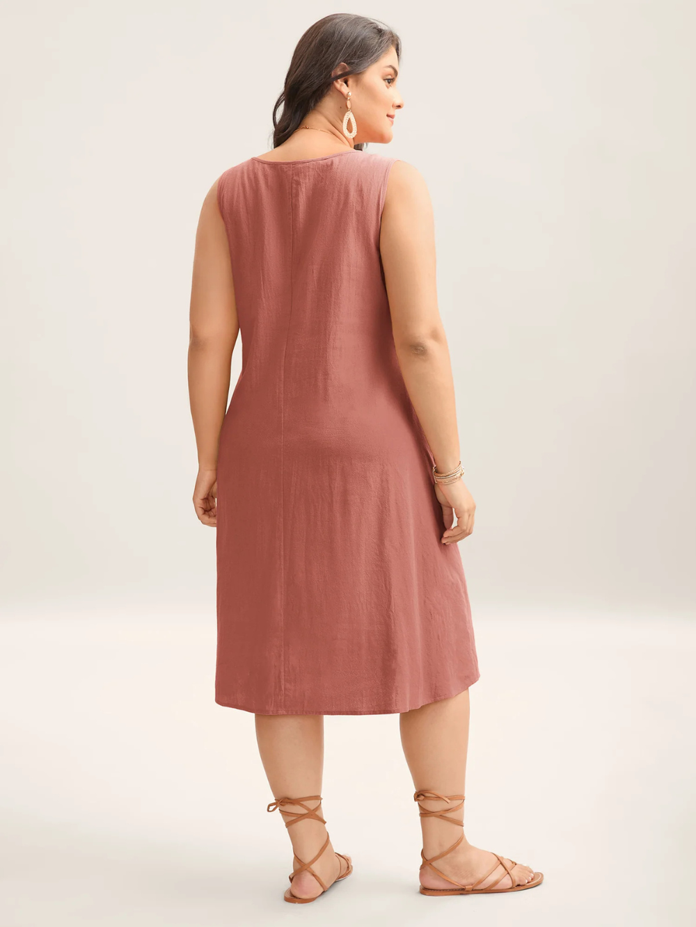 Vestido midi liso de algodón con pliegues