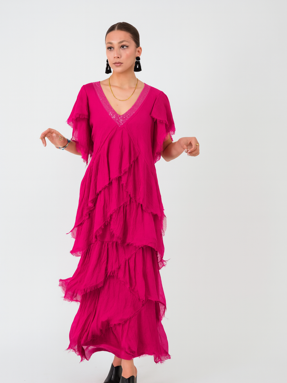Vestido Largo en Capas Escote en V