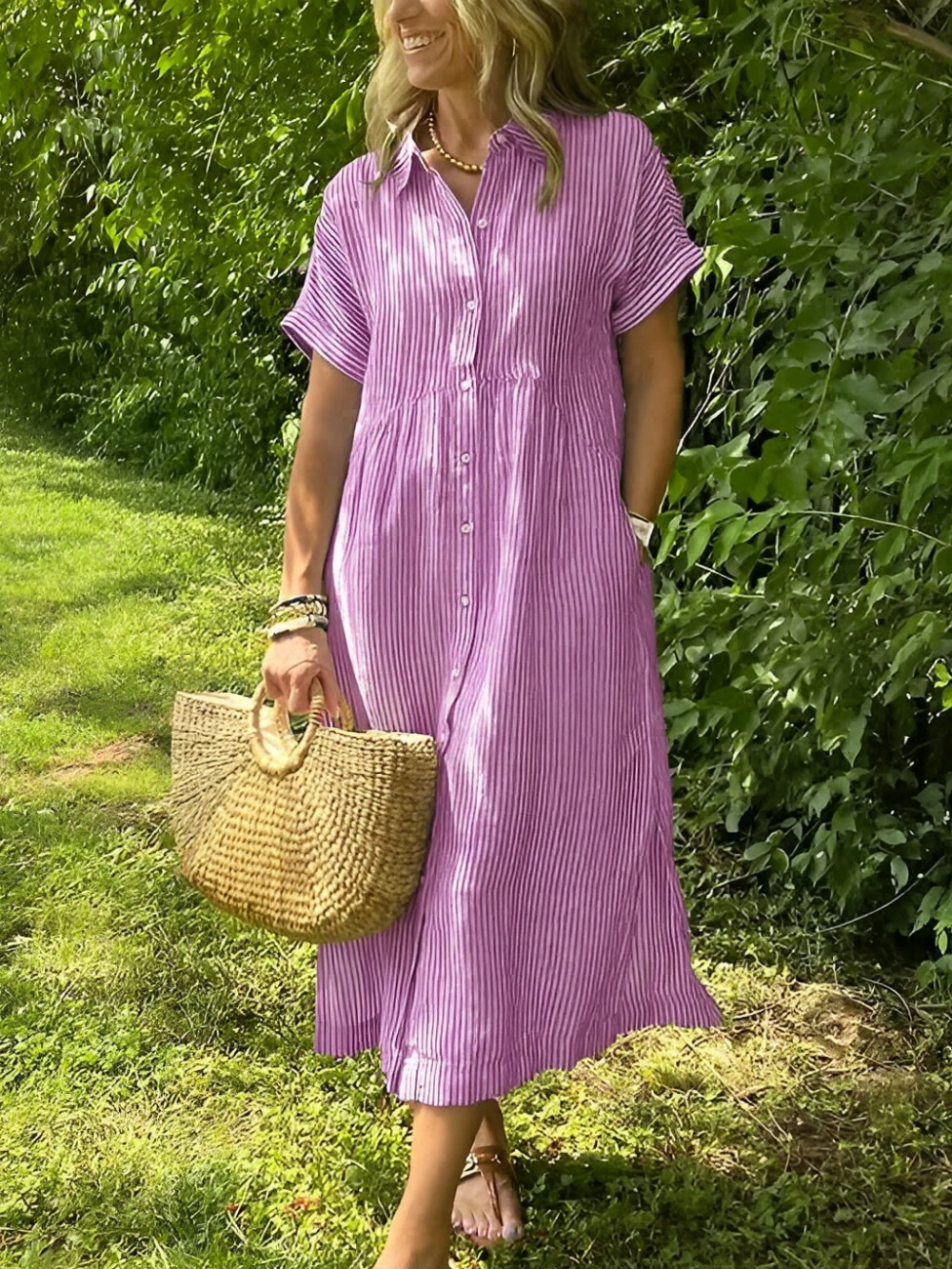 Vestido Camisero de Rayas con Solapa y Bolsillos