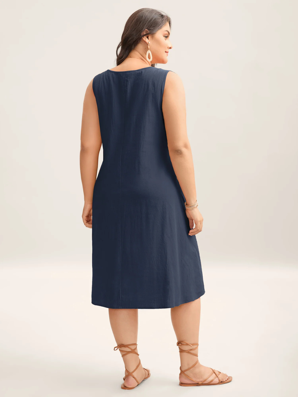 Vestido midi liso de algodón con pliegues