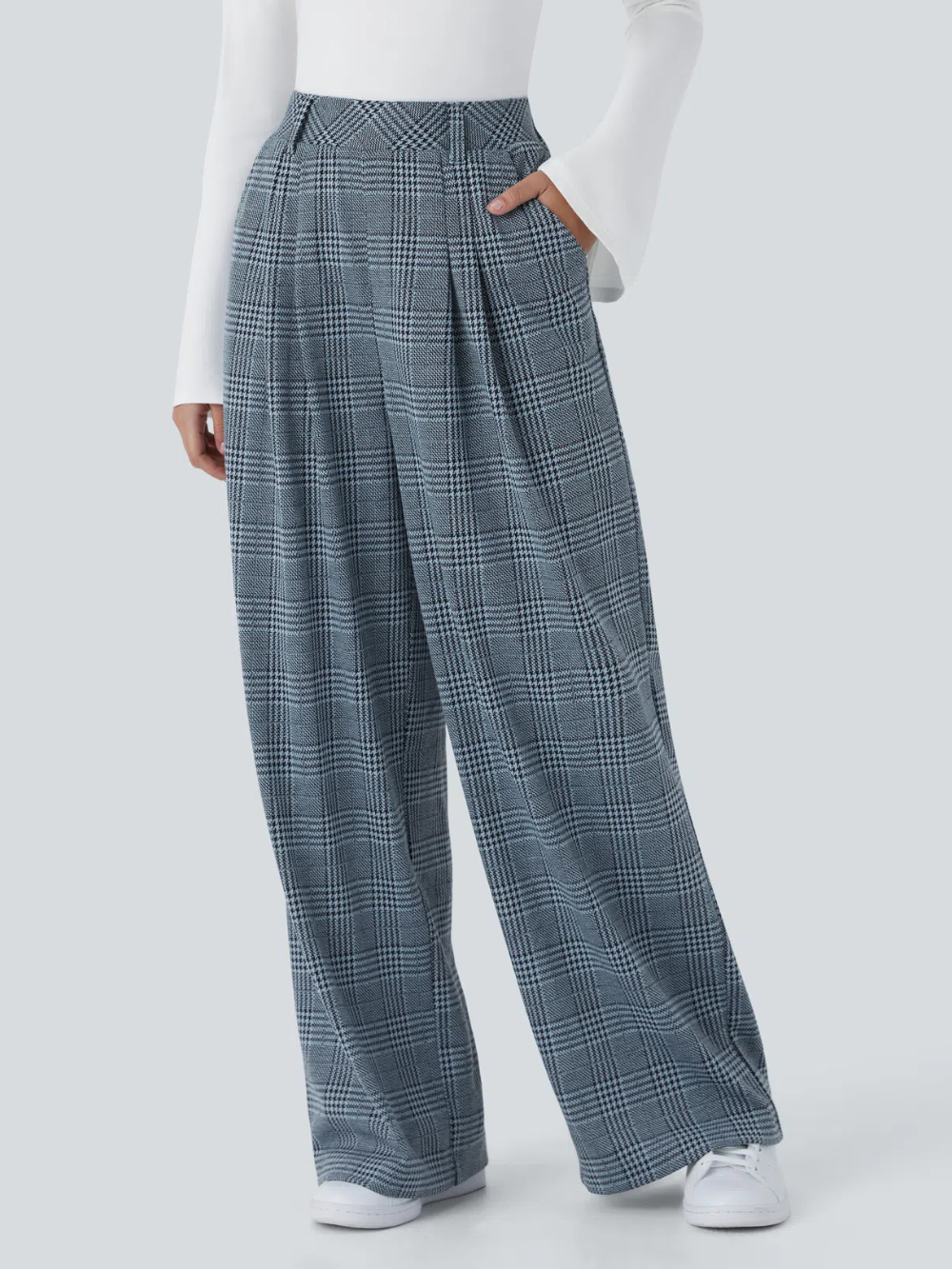Pantalón tiro alto bolsillo lateral pierna ancha estampado pata gallo