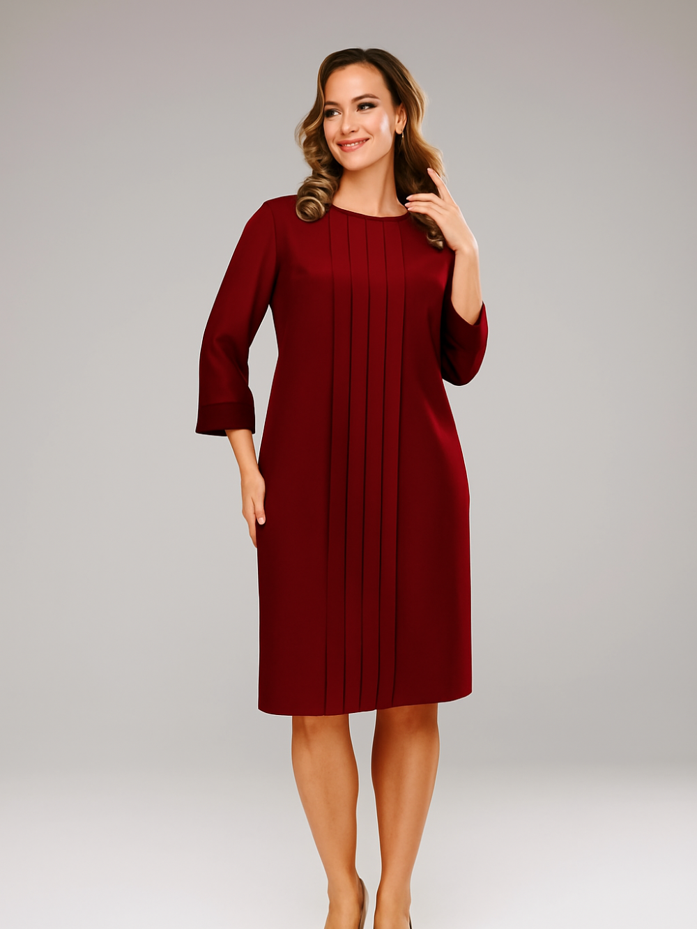 Vestido Recto con Pliegues y Manga 3/4