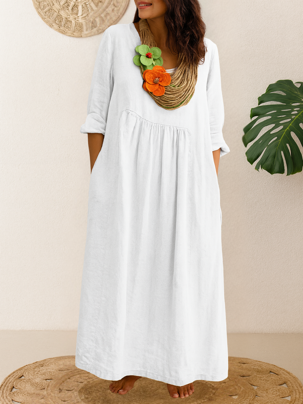 Vestido Largo de Cuello Redondo con Bolsillos (Oferta 2X1)