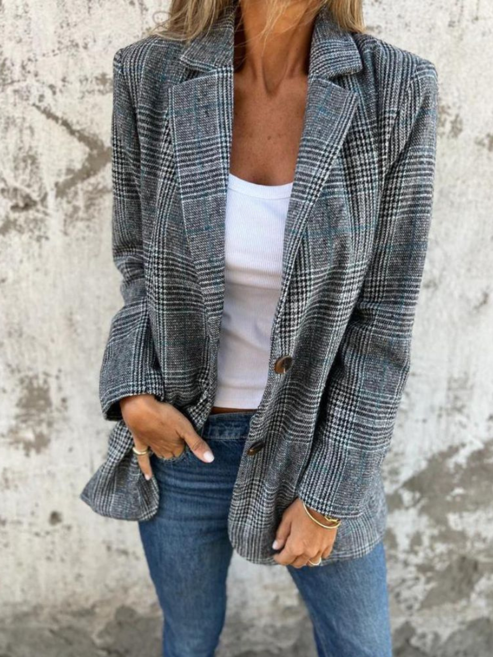 Blazer casual a cuadros con bolsillos