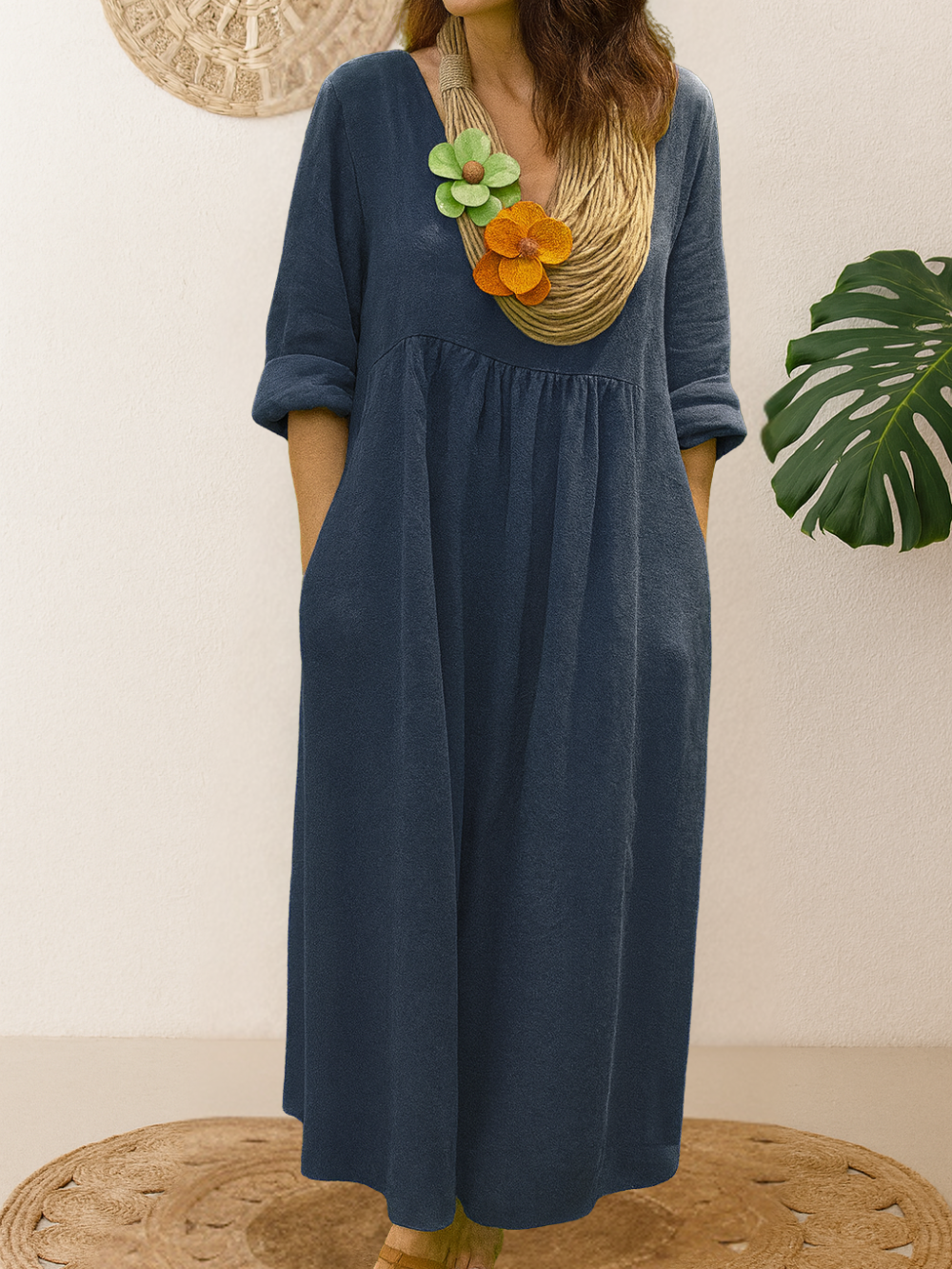 Vestido Largo de Cuello Redondo con Bolsillos (Oferta 2X1)