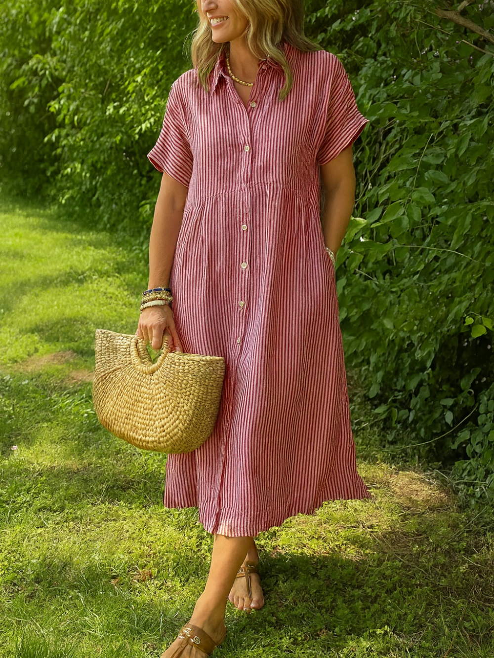 Vestido Camisero de Rayas con Solapa y Bolsillos