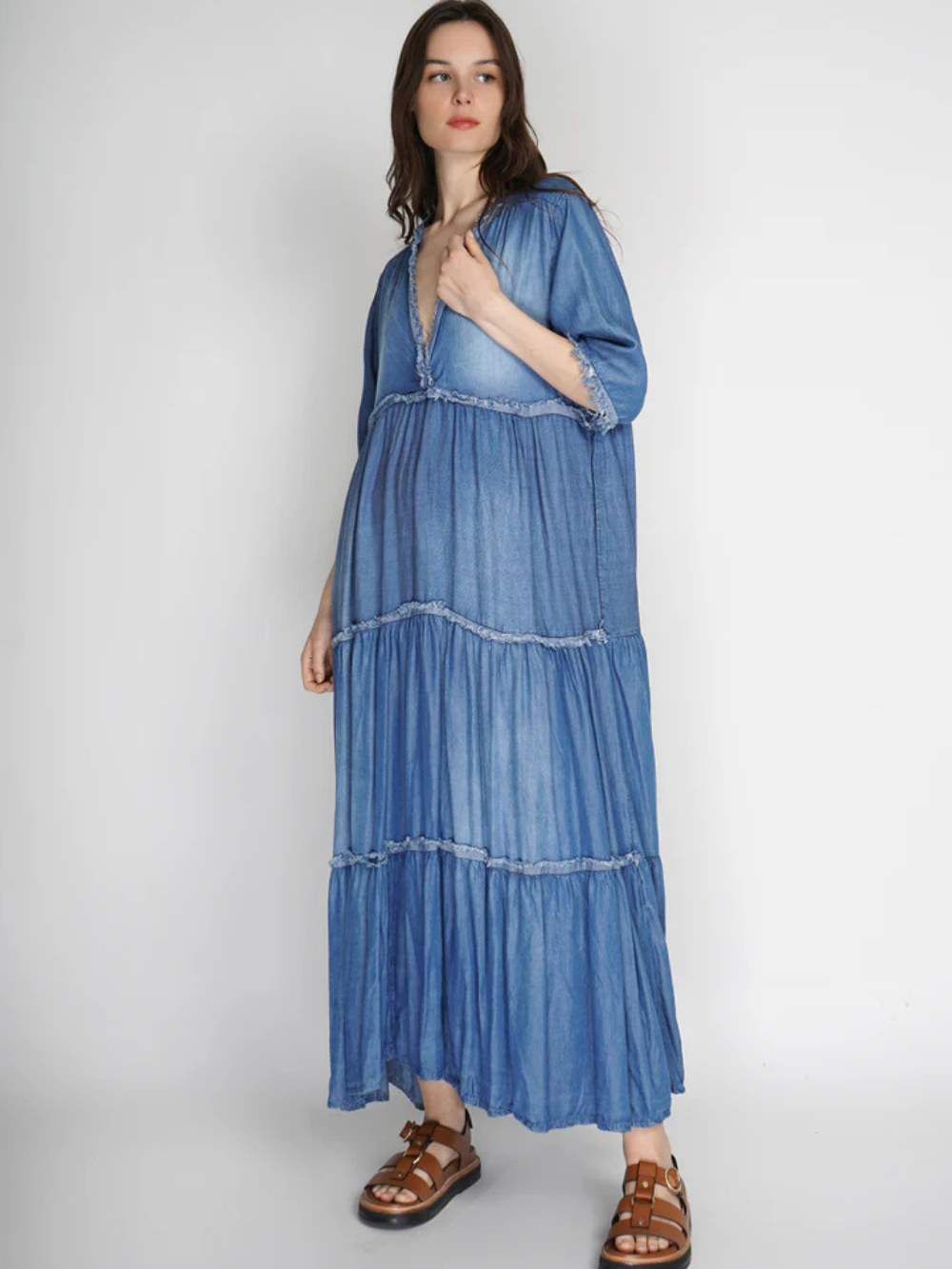 Vestido Largo Denim Mangas 3/4