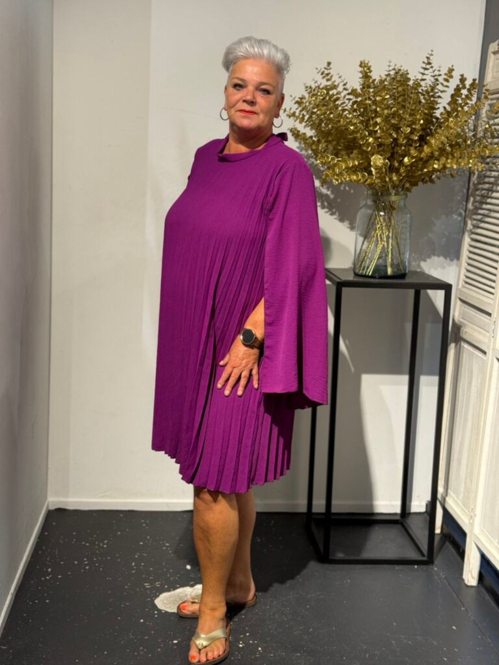 Vestido Plisado Zilam Manga Abierta