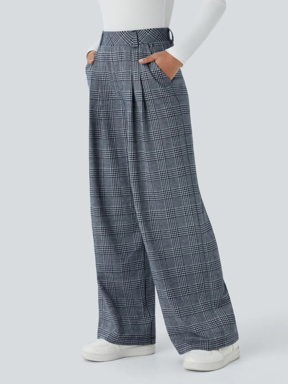 Pantalón tiro alto bolsillo lateral pierna ancha estampado pata gallo
